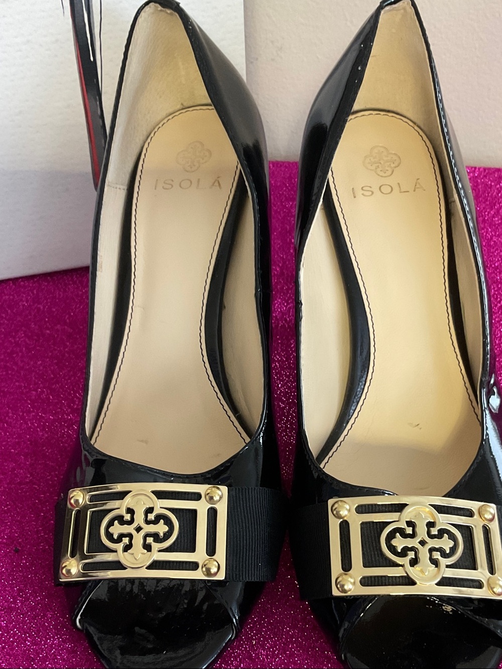 Isola Black Patent Peep-Toe Heels with Gold Decorative Plaque